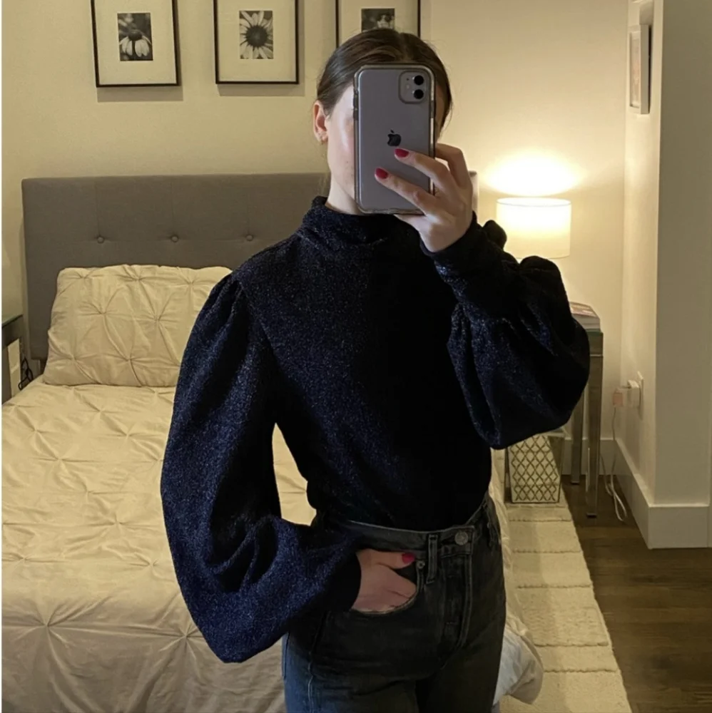 PatBo Metallic Navy Lurex Puff Sleeve Turtleneck Top Holiday Cocktail Party XS
